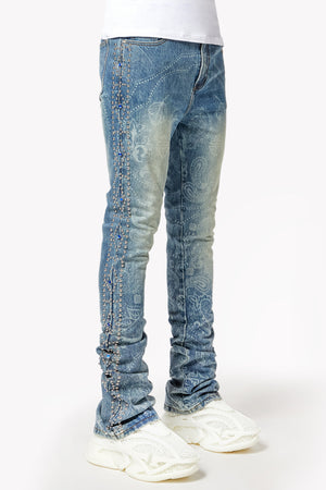 Aqua Blue Rivets Stacked Denim
