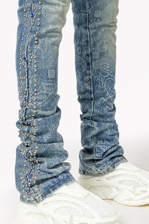 Aqua Blue Rivets Stacked Denim