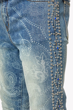 Aqua Blue Rivets Stacked Denim