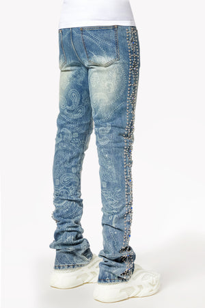 Aqua Blue Rivets Stacked Denim