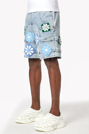 Aqua Blue Flowers Denim Shorts
