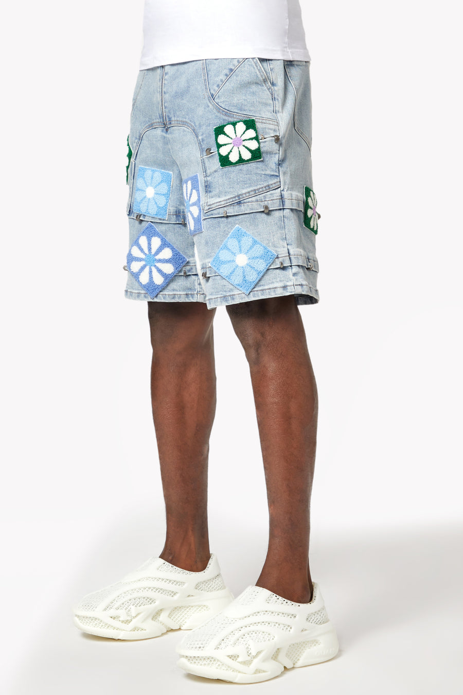 Aqua Blue Flowers Denim Shorts