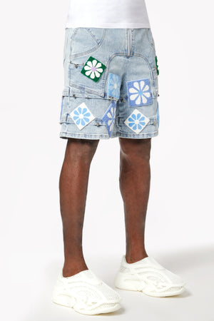 Aqua Blue Flowers Denim Shorts