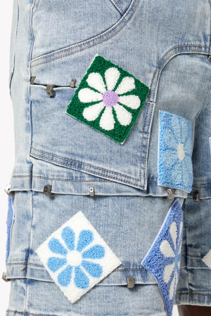 Aqua Blue Flowers Denim Shorts
