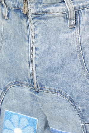 Aqua Blue Flowers Denim Shorts