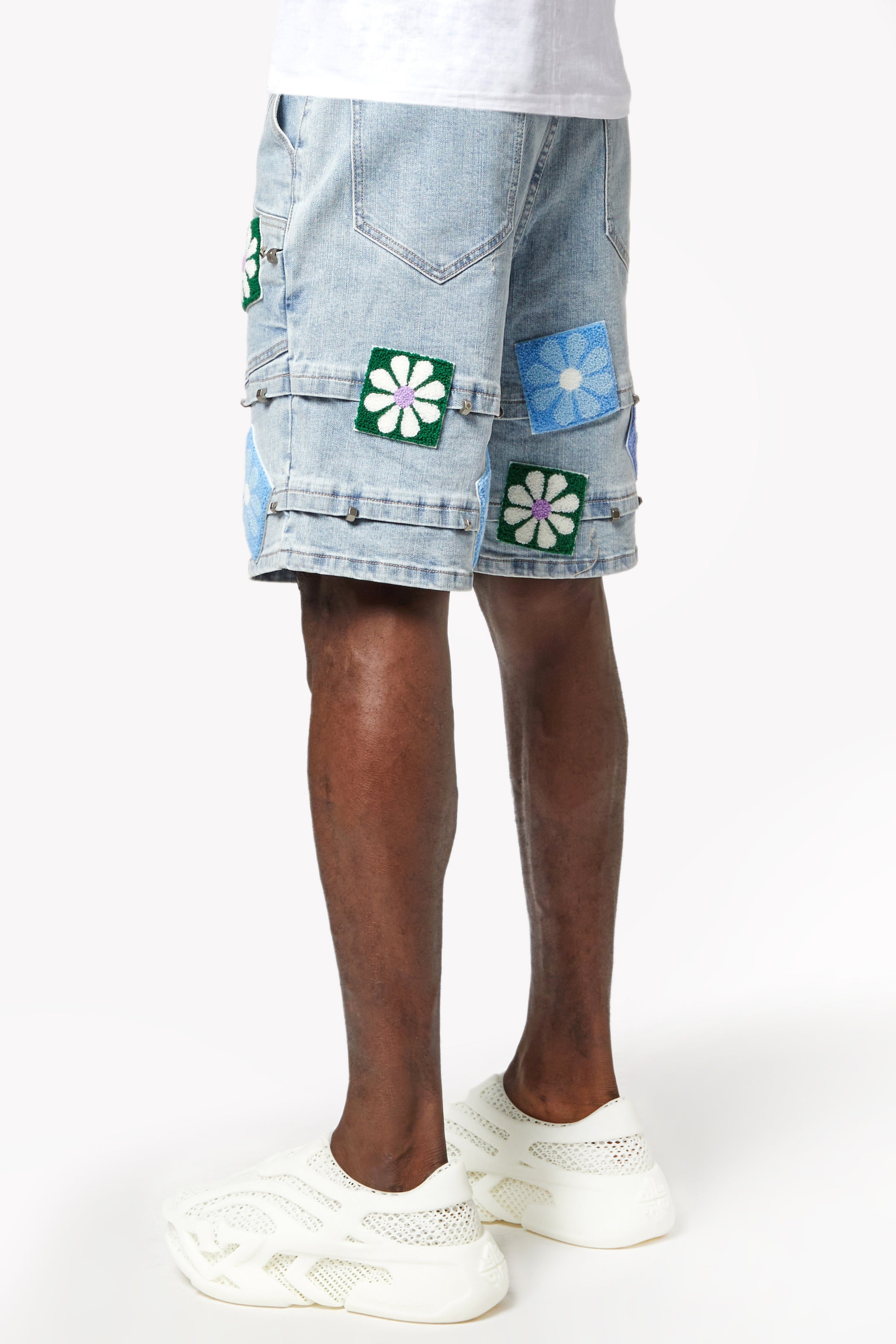 Aqua Blue Flowers Denim Shorts