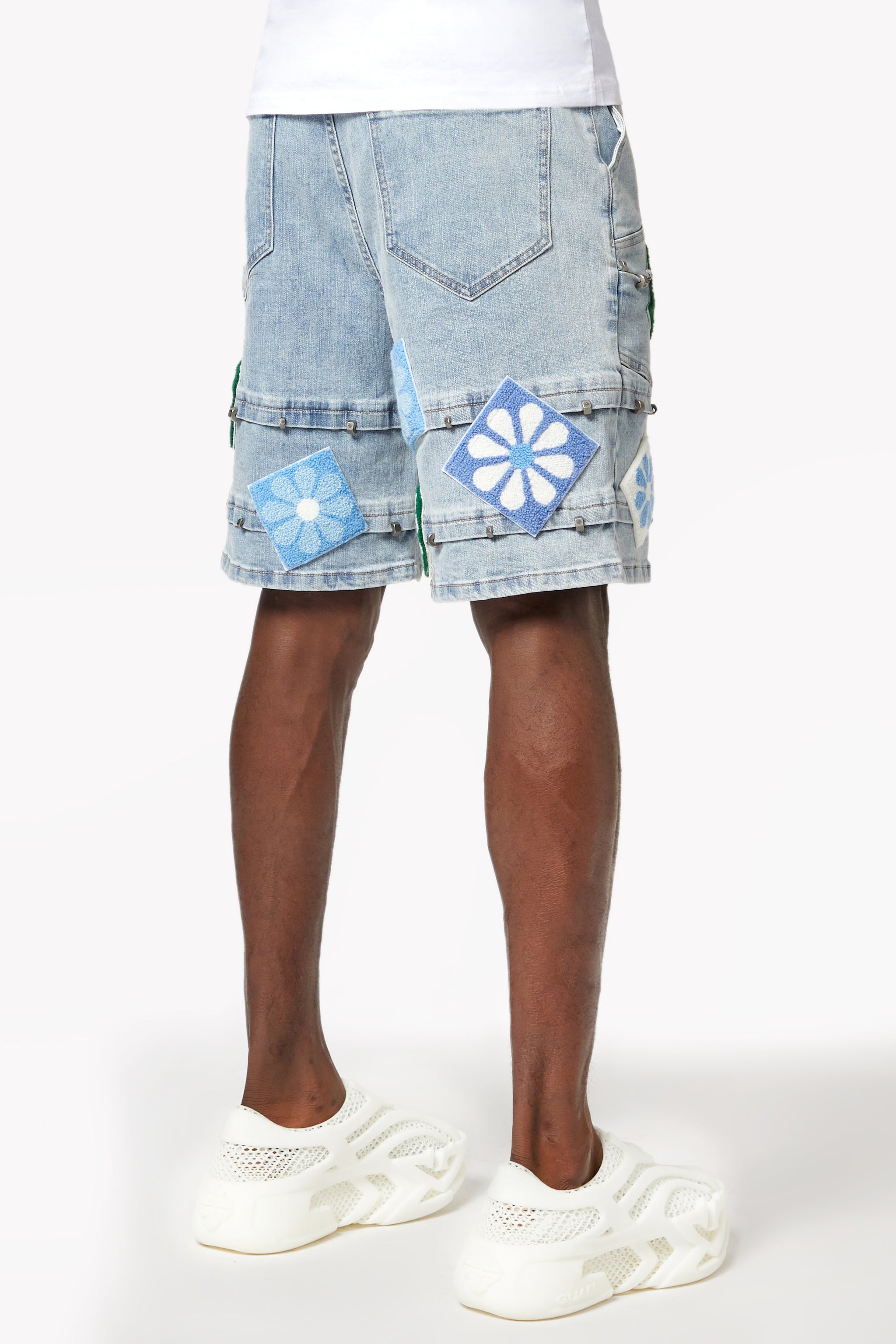 Aqua Blue Flowers Denim Shorts