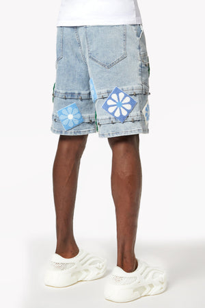 Aqua Blue Flowers Denim Shorts