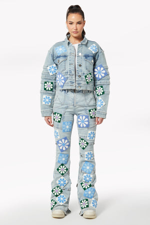 Aqua Blue Flowers Denim Jacket