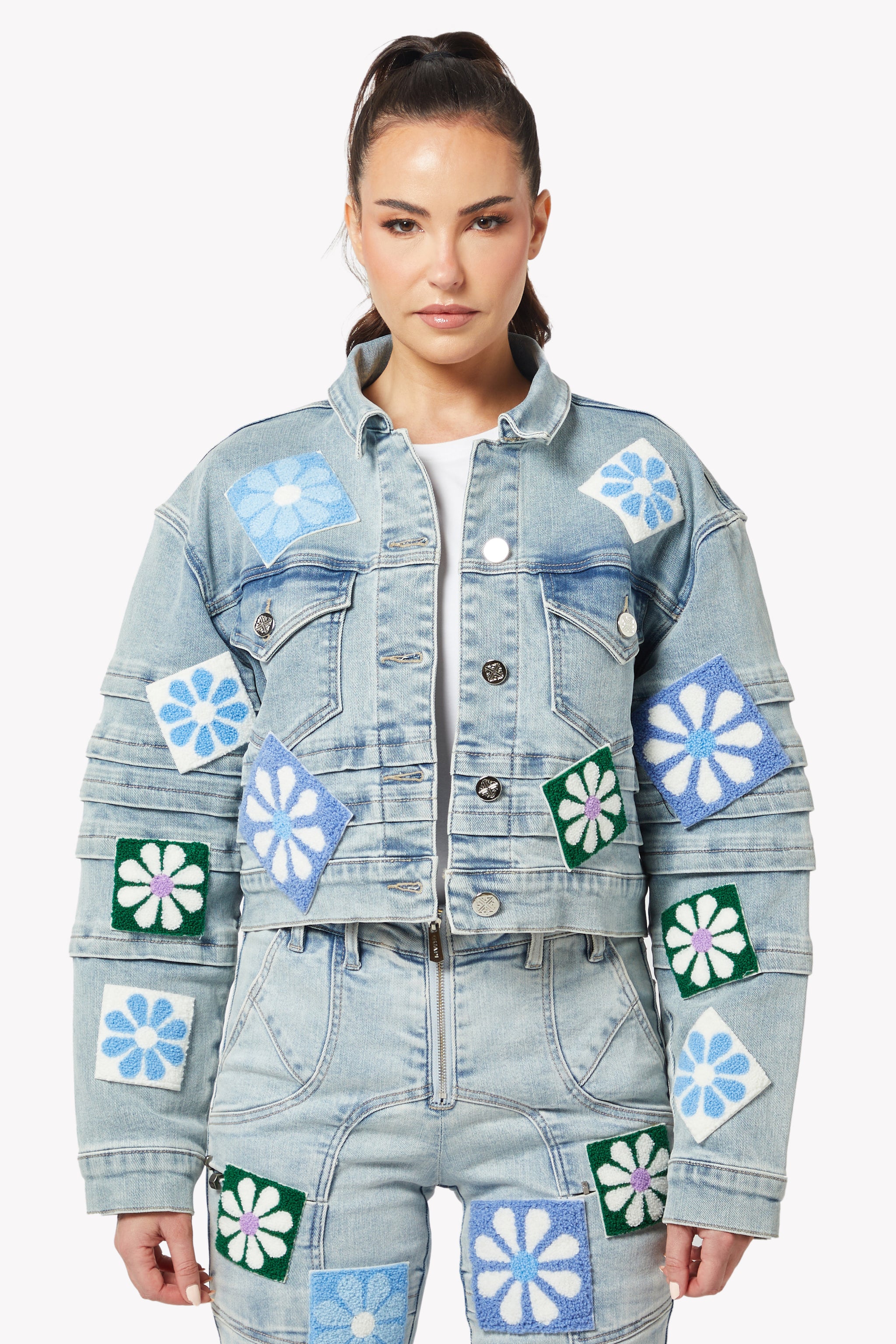 Aqua Blue Flowers Denim Jacket