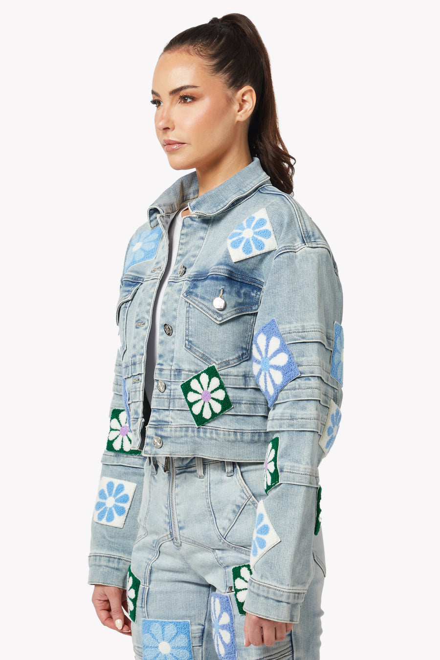 Aqua Blue Flowers Denim Jacket