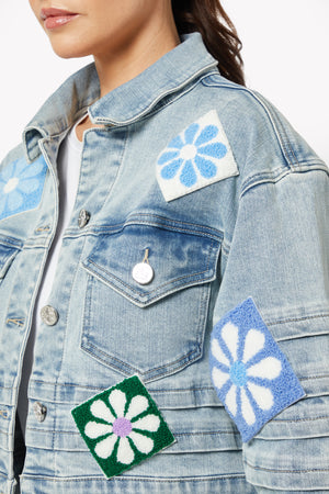 Aqua Blue Flowers Denim Jacket