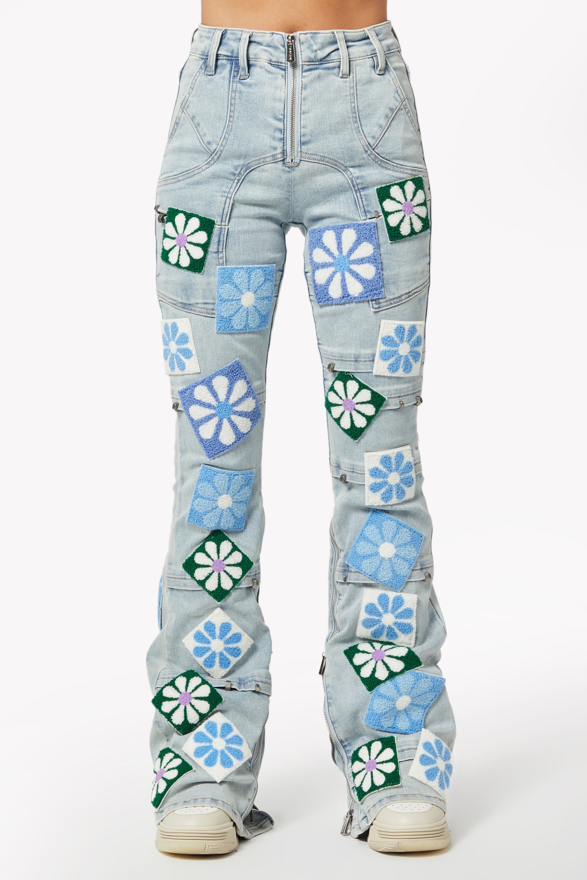 Aqua Blue Flowers Stacked Denim