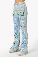 Aqua Blue Flowers Stacked Denim