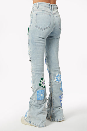 Aqua Blue Flowers Stacked Denim