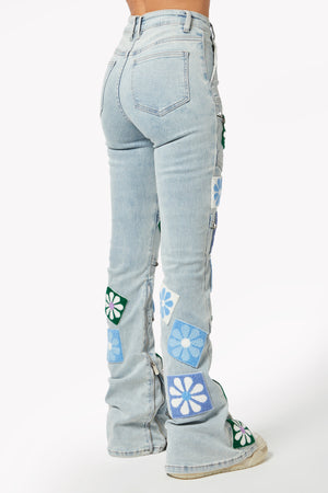 Aqua Blue Flowers Stacked Denim