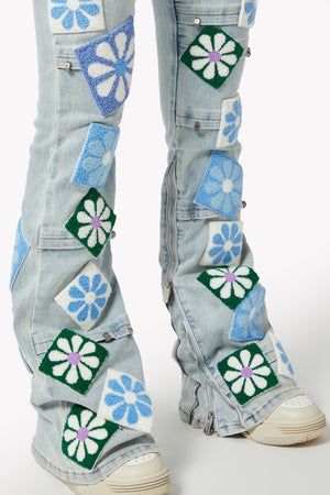 Aqua Blue Flowers Stacked Denim