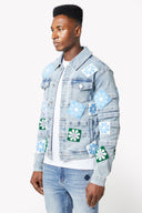 Aqua Blue Flowers Denim Jacket