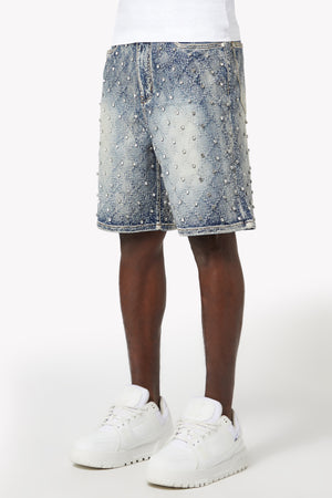 Aqua Blue Embellished Denim Shorts