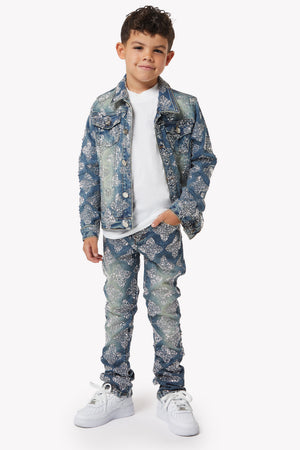 Vintage Blue Embellished Kids Denim Set