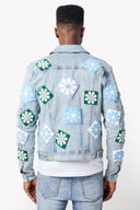 Aqua Blue Flowers Denim Jacket