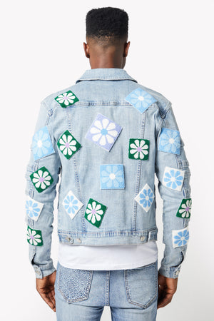 Aqua Blue Flowers Denim Jacket