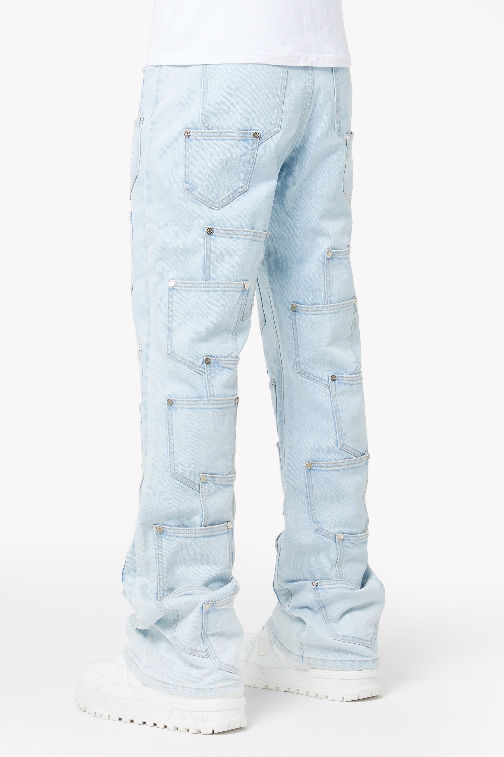 Aqua Blue Pockets Flared Denim