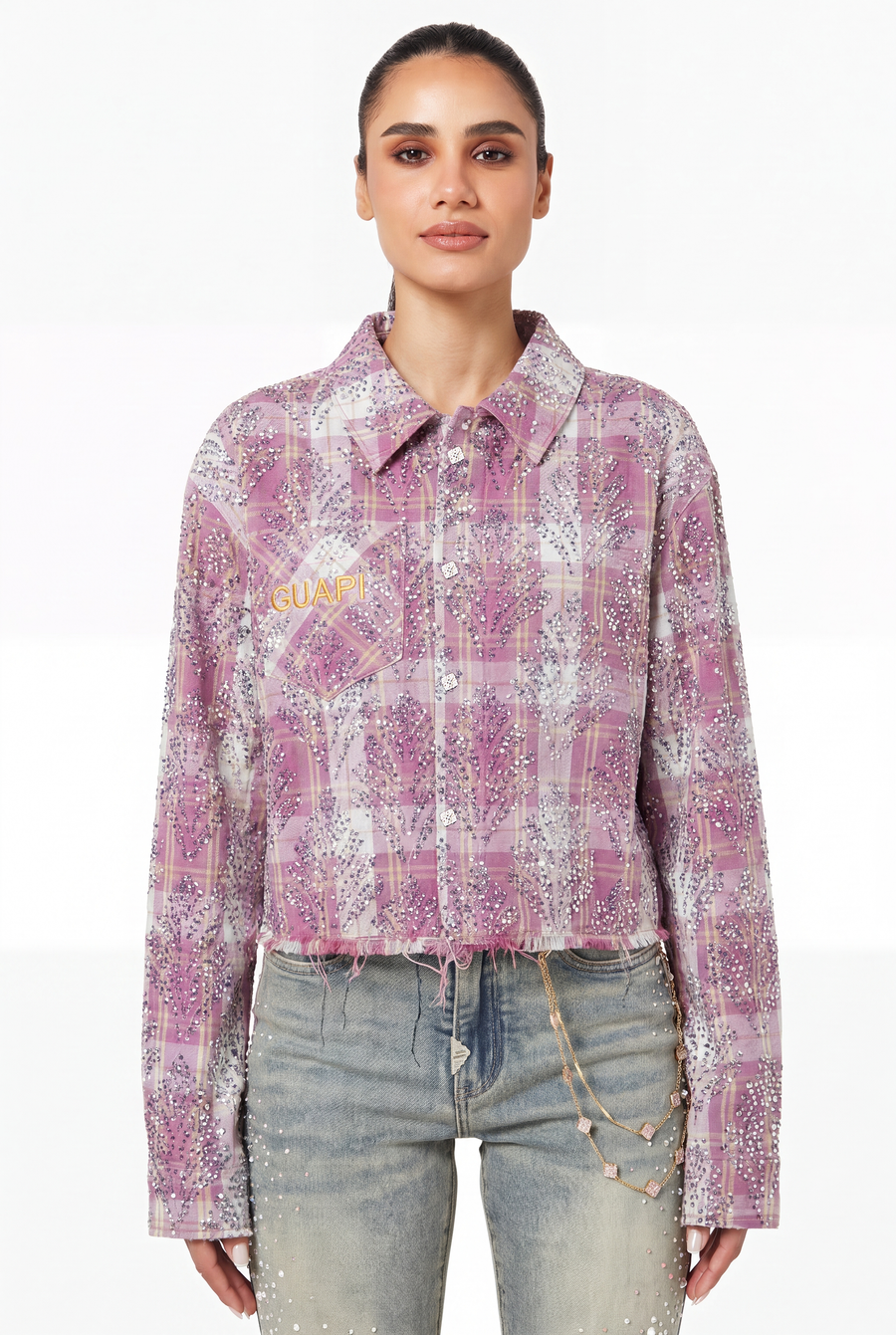 Pink Embellished Cropped Flannel