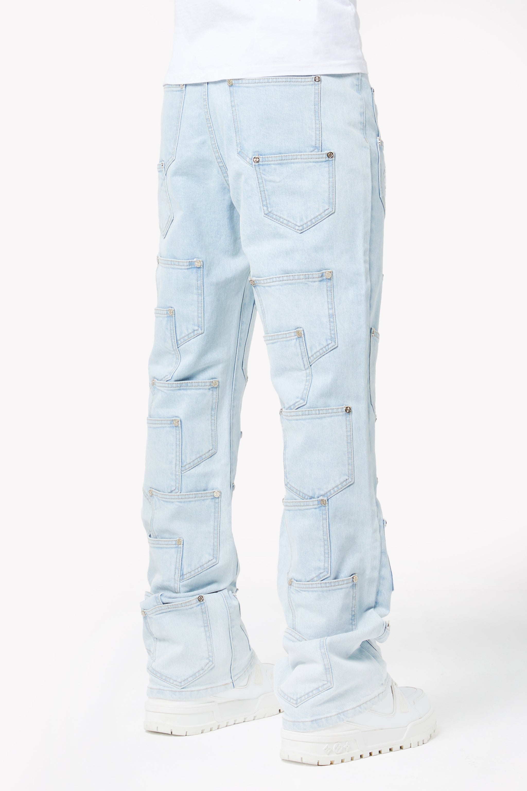 Aqua Blue Pockets Flared Denim