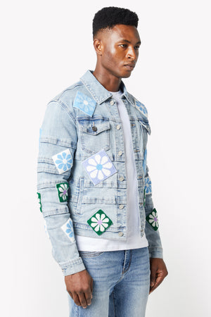 Aqua Blue Flowers Denim Jacket