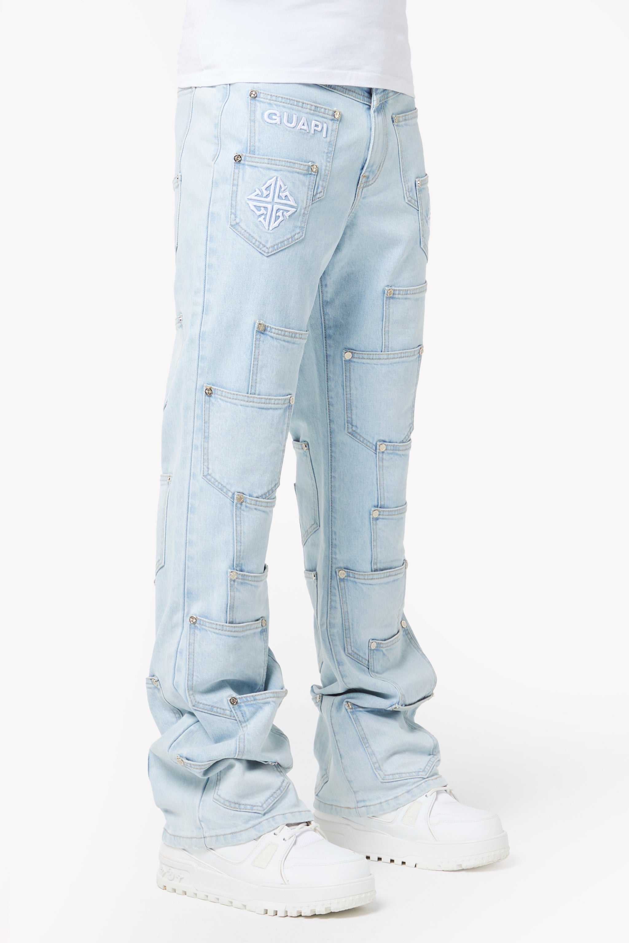 Aqua Blue Pockets Flared Denim