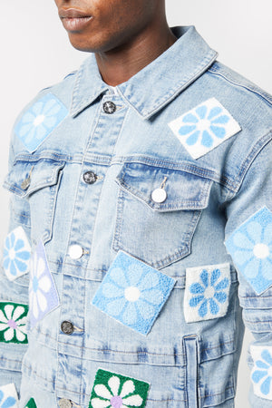 Aqua Blue Flowers Denim Jacket