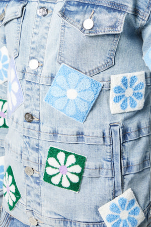 Aqua Blue Flowers Denim Jacket