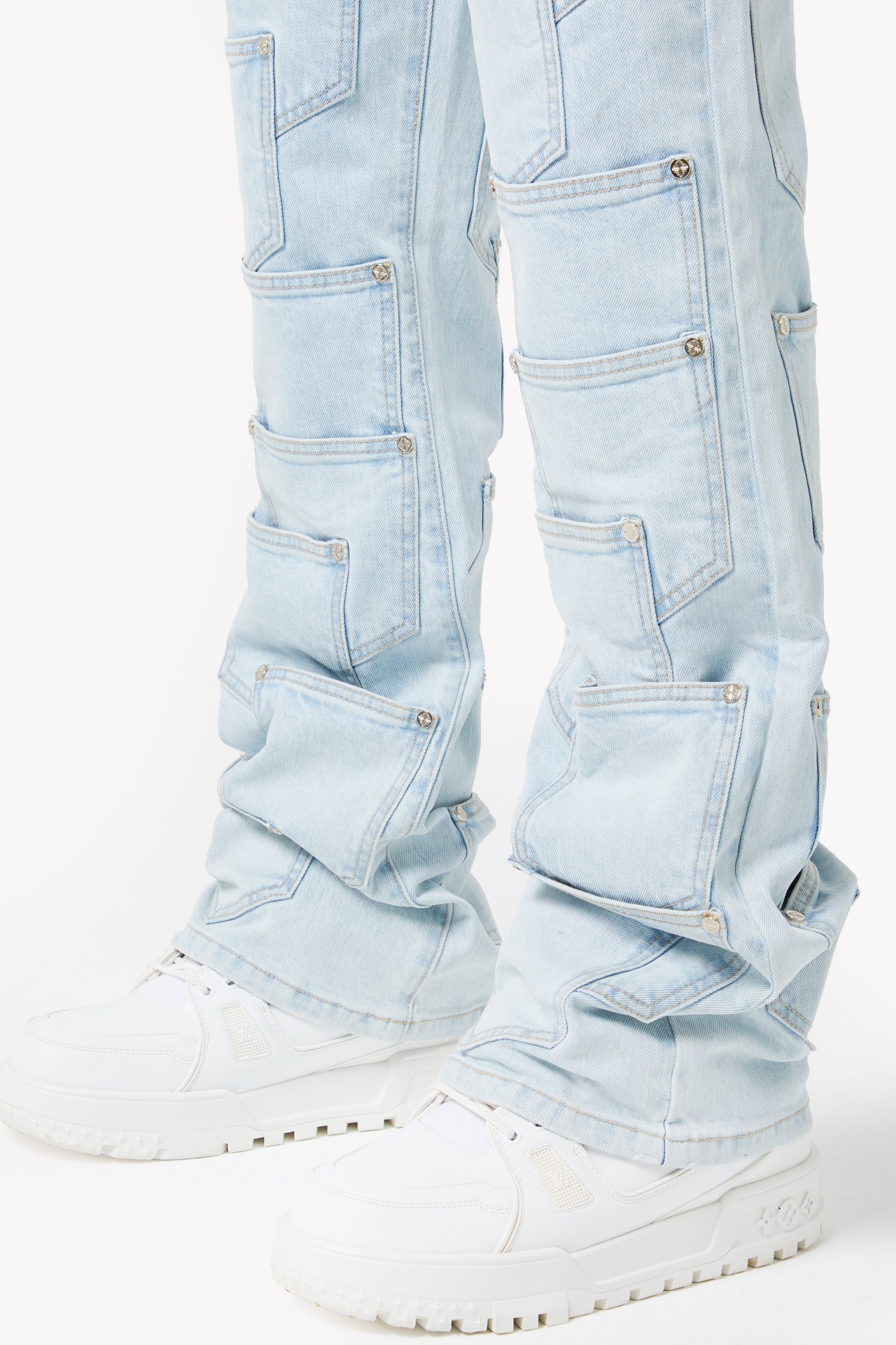 Aqua Blue Pockets Flared Denim