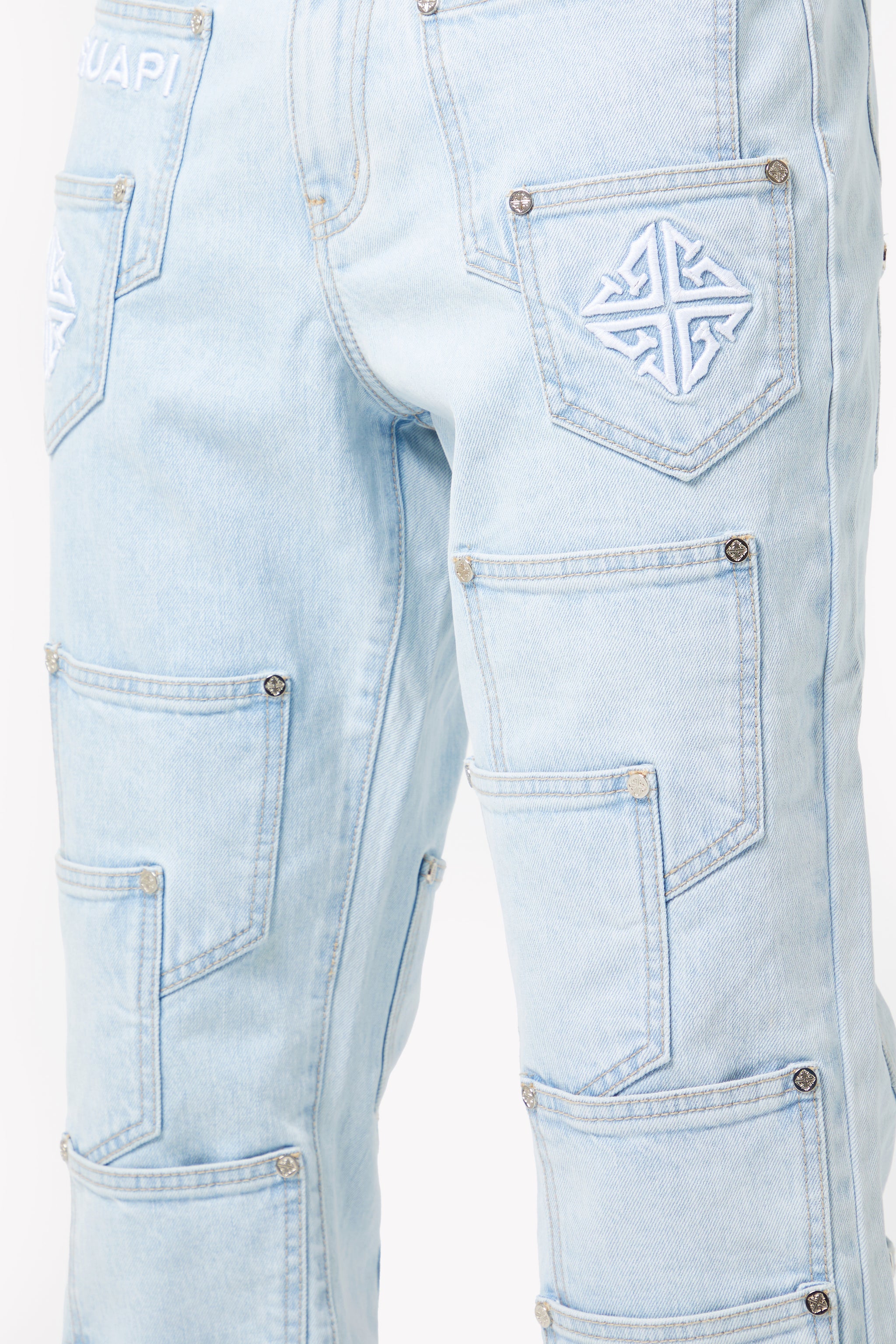 Aqua Blue Pockets Flared Denim
