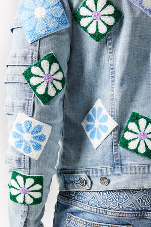 Aqua Blue Flowers Denim Jacket