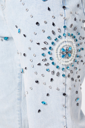 Aqua Blue Embellished Flared Denim