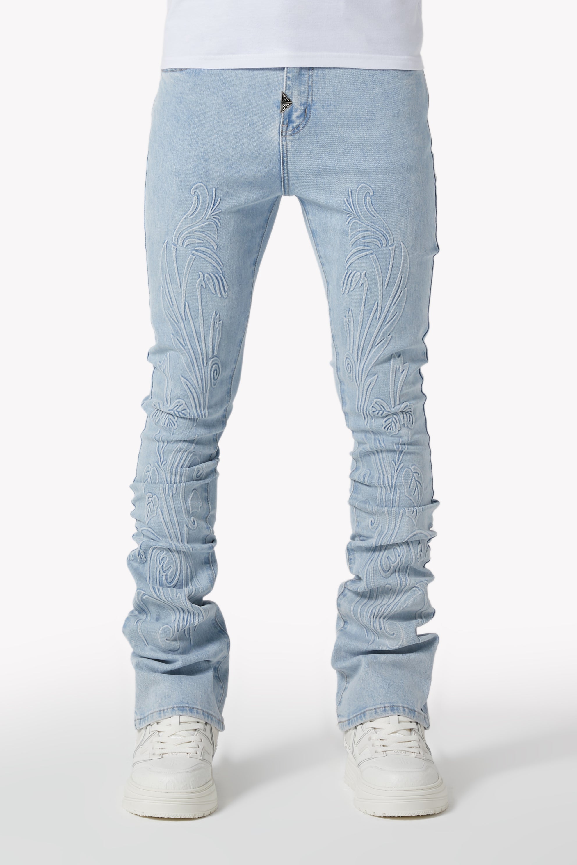 Aqua Blue Embossed Flowers Denim