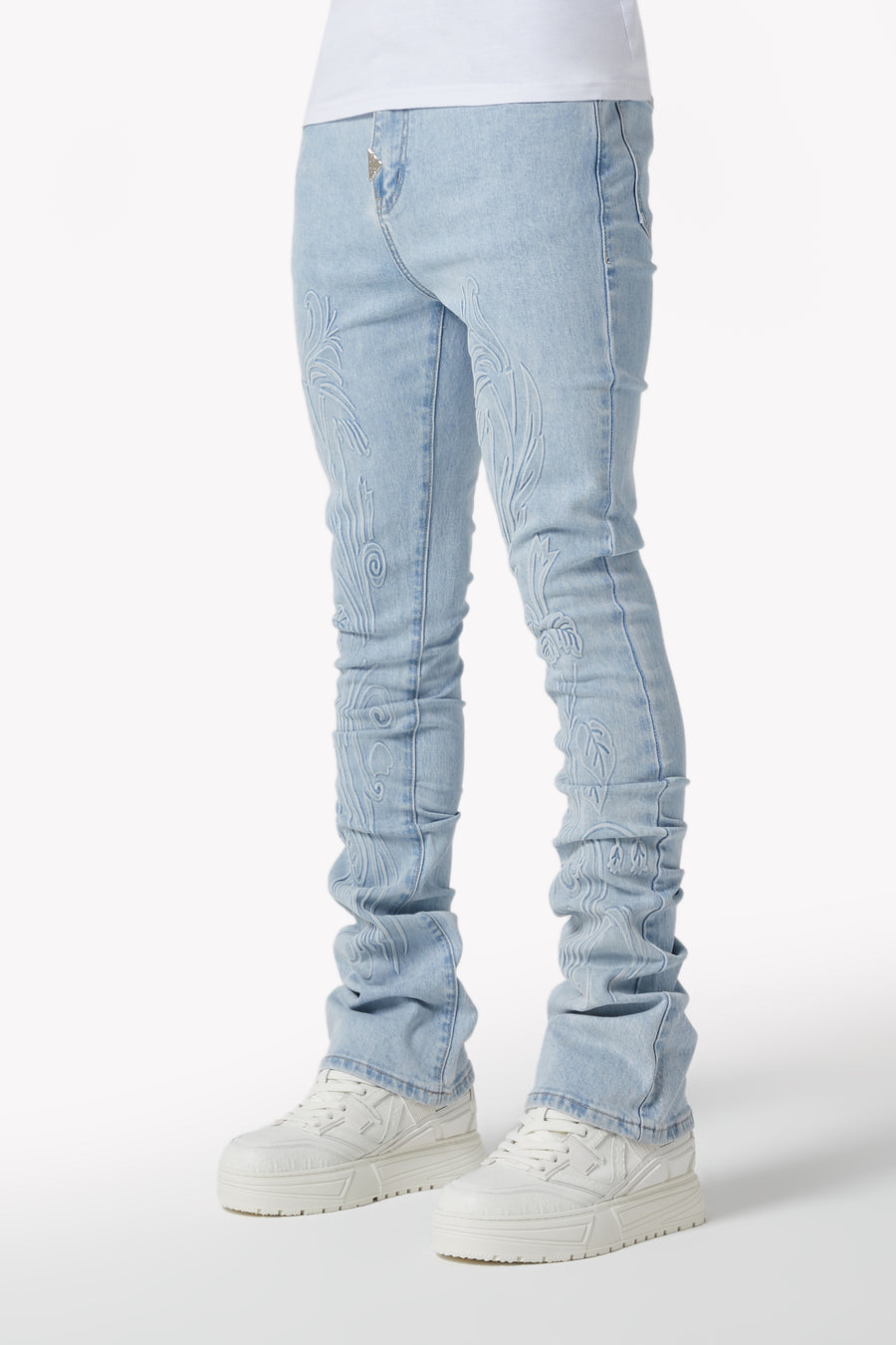 Aqua Blue Embossed Flowers Denim