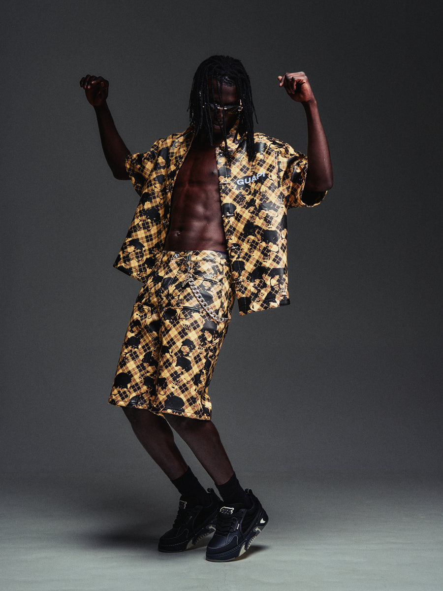 Gold Skull Plaid Leather Shorts