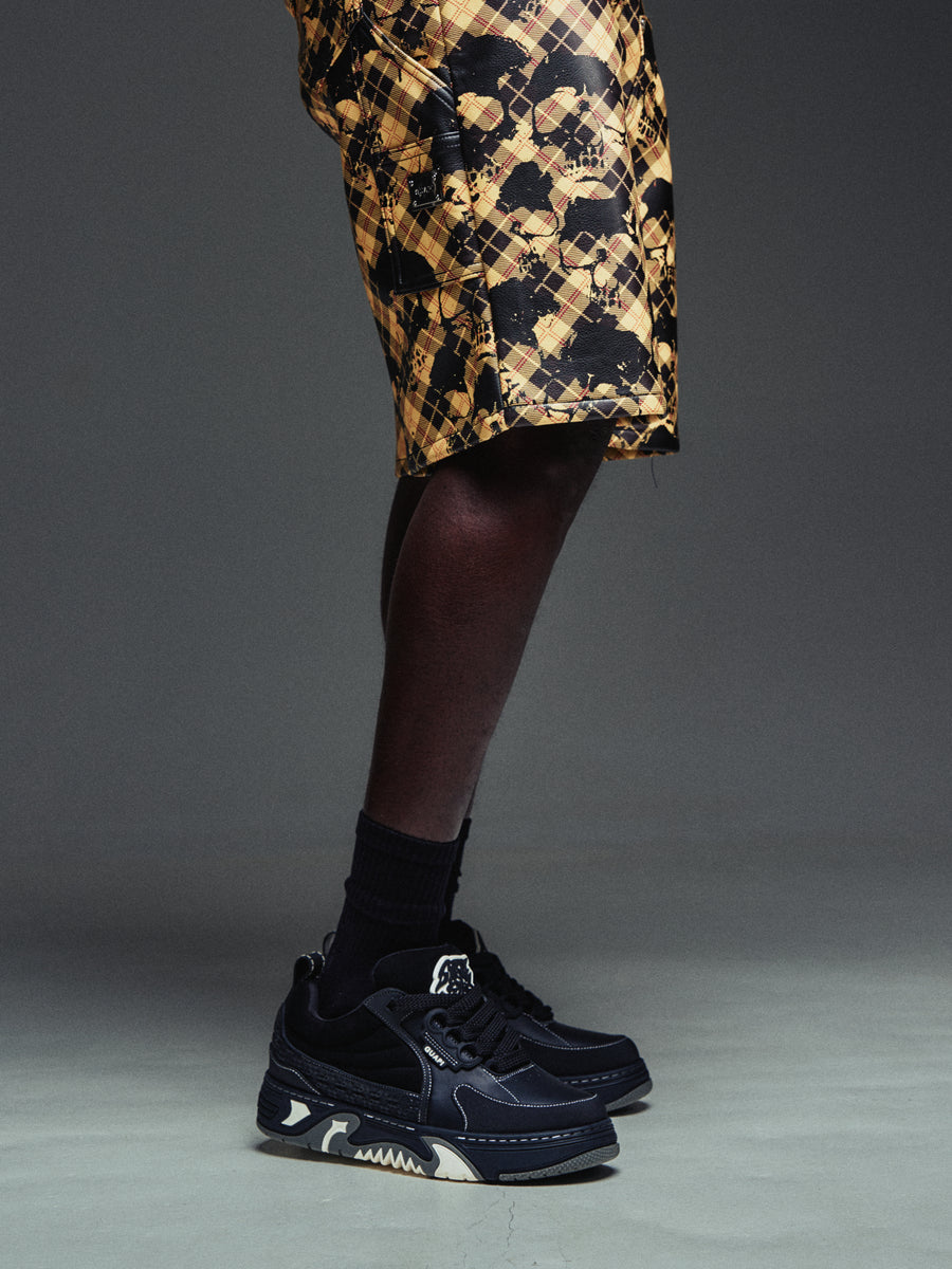 Gold Skull Plaid Leather Shorts