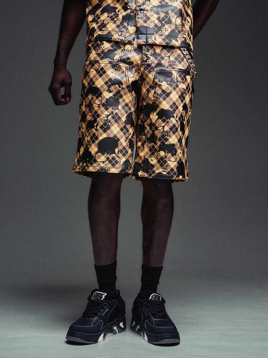 Gold Skull Plaid Leather Shorts