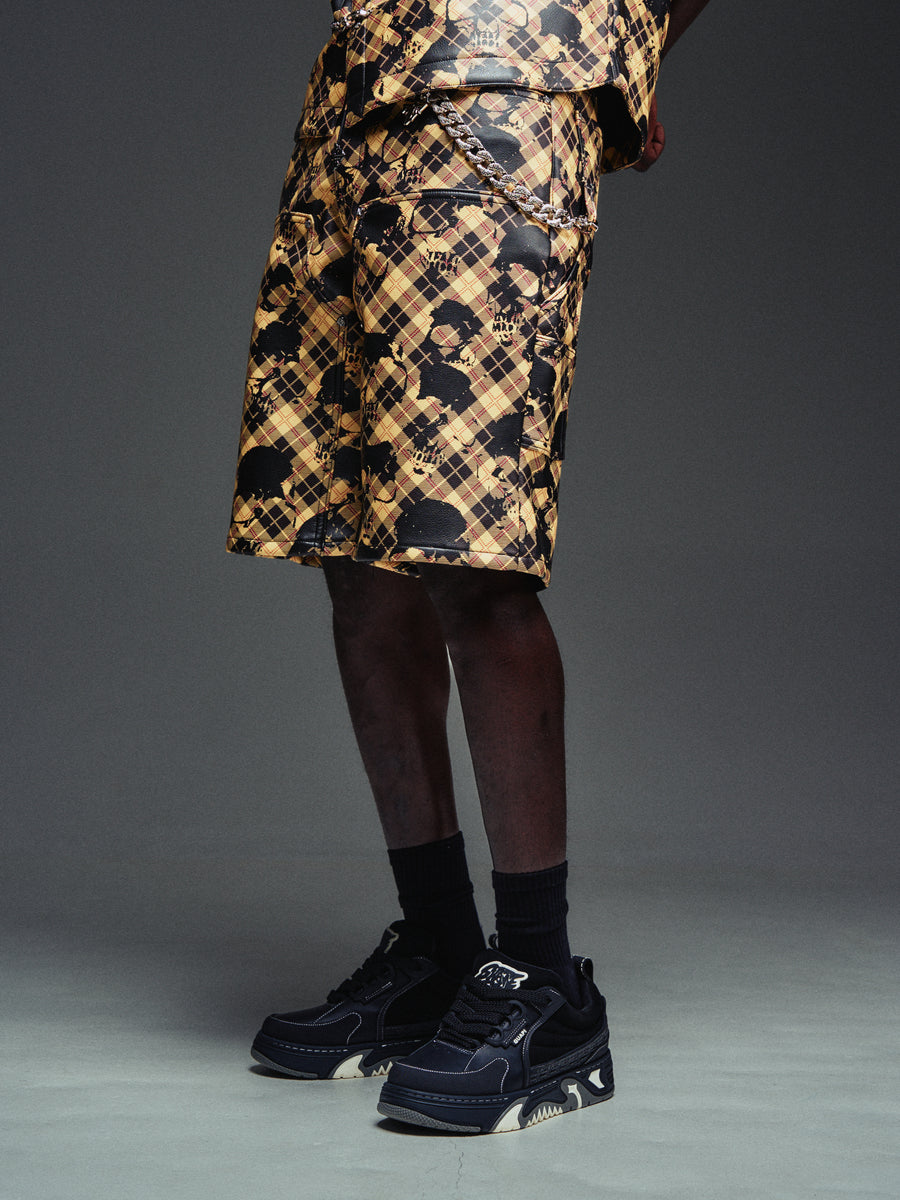 Gold Skull Plaid Leather Shorts