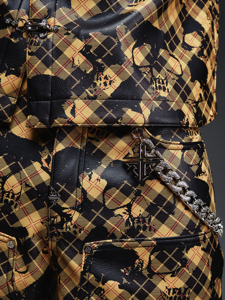 Gold Skull Plaid Leather Shorts