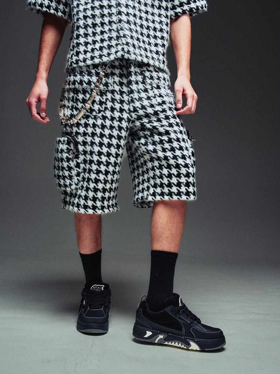 White Houndstooth Furry Shorts