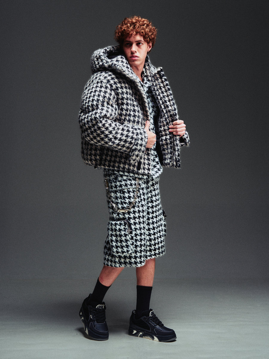 White Houndstooth Furry Shorts