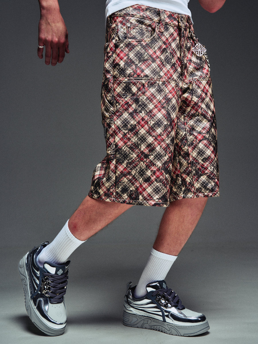 Charcoal Plaid Leather Shorts
