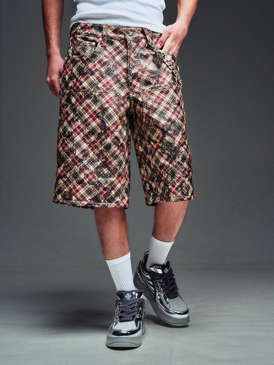 Charcoal Plaid Leather Shorts