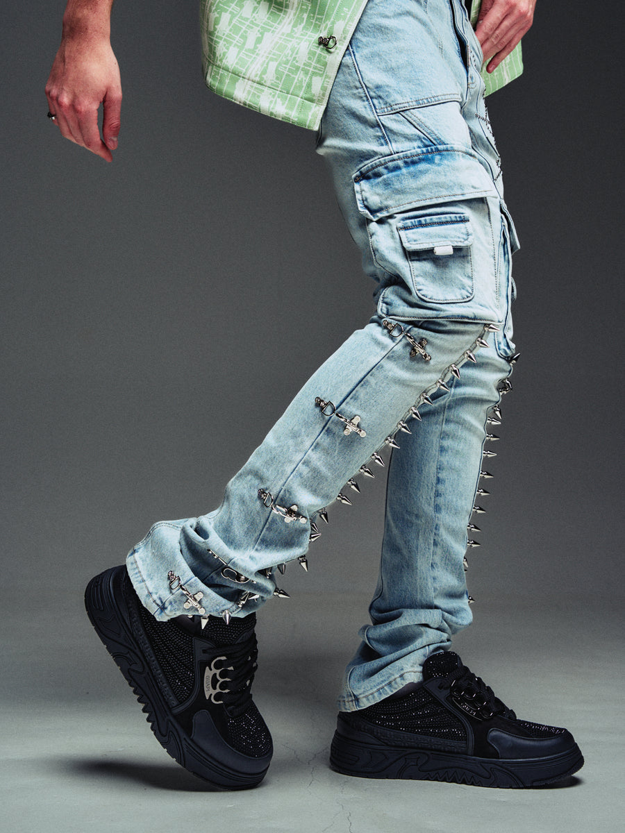 Aqua Blue Spikes Cargo Denim