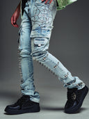 Aqua Blue Spikes Cargo Denim